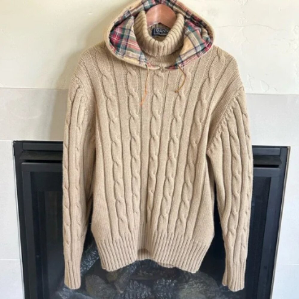 Gant Rugger Beige Wool Hoodie Jacket sz M RARE Cable Knit Sweater Varsity Preppy